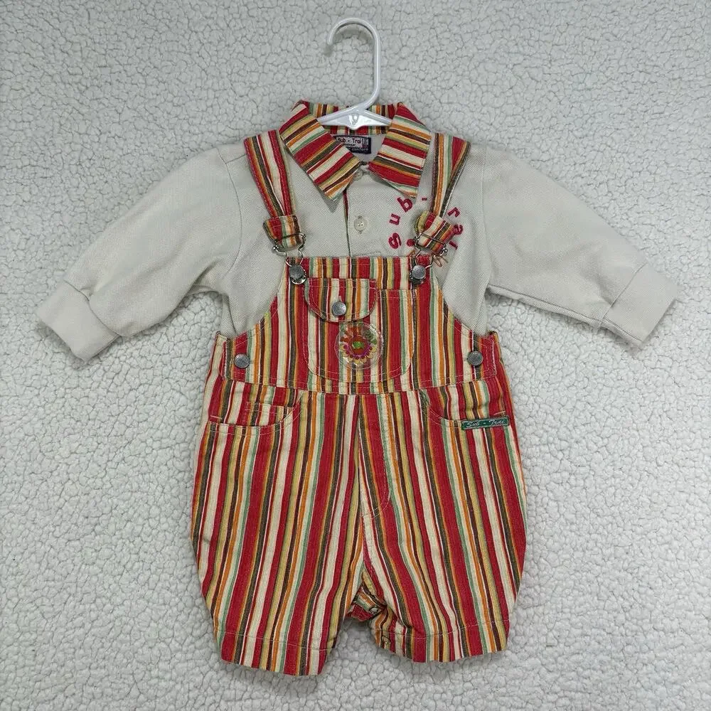 Vintage Striped Hippie Boho Overalls Shortalls Set Flower Baby Girl 90s Y2K